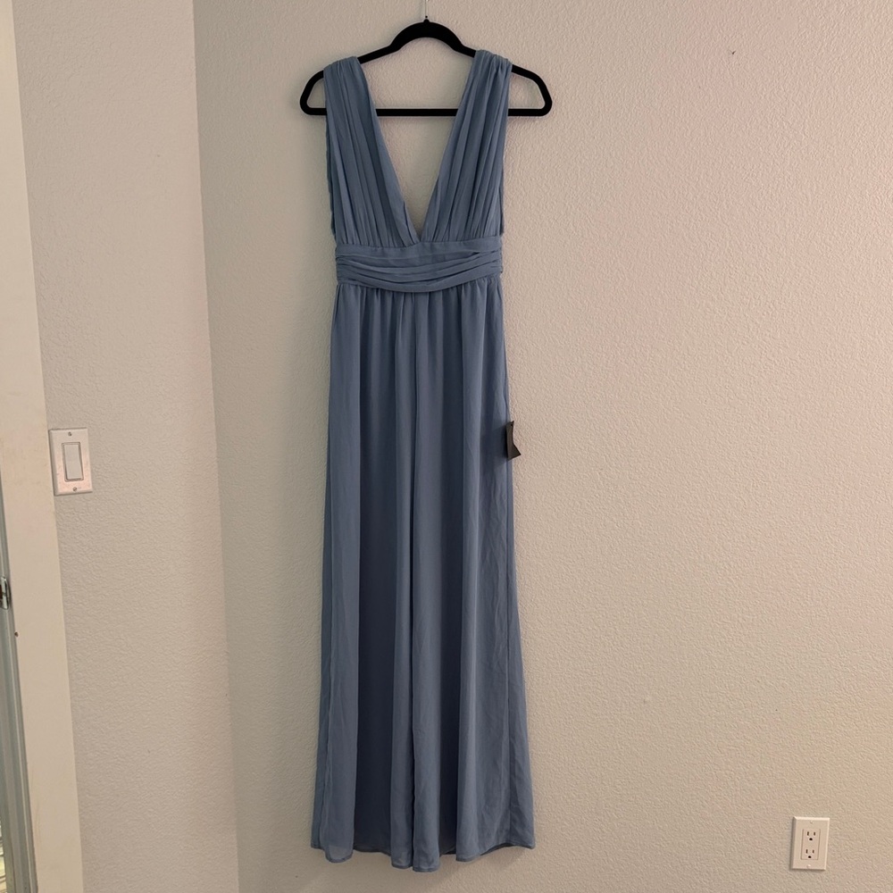Lulu's Dusty Blue Plunging V-Neck Maxi Jumpsuit
